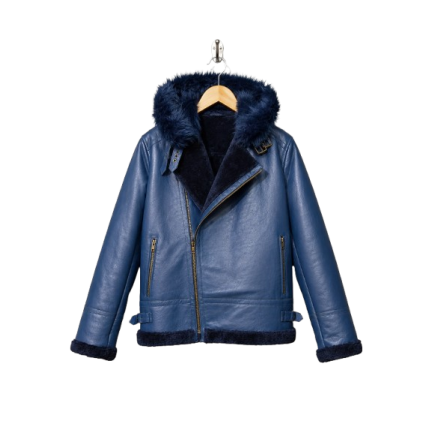 Blue Leather Aviator Shearling Jacket