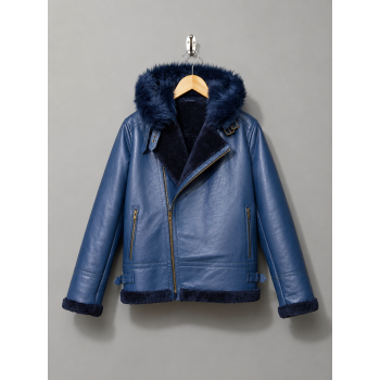 Blue Leather Aviator Shearling Jacket
