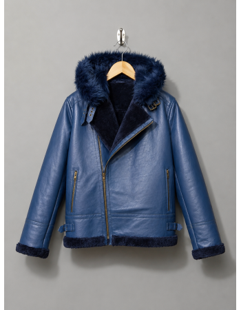Blue Leather Aviator Shearling Jacket