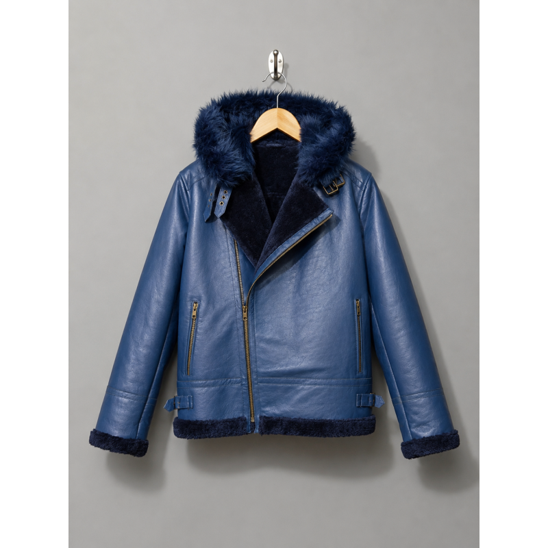 Blue Leather Aviator Shearling Jacket