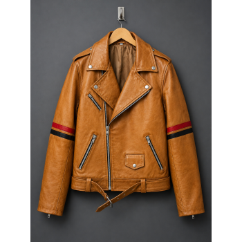 Brown Striped Leather Biker Jacket