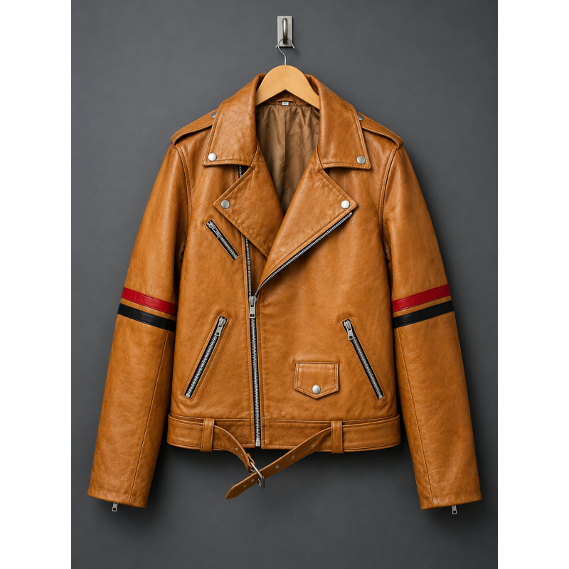 Brown Striped Leather Biker Jacket