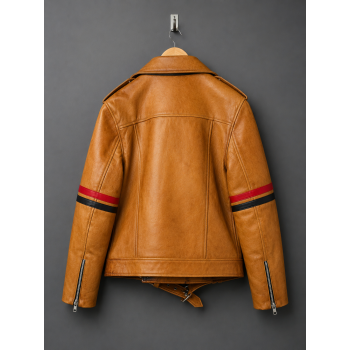 Brown Striped Leather Biker Jacket