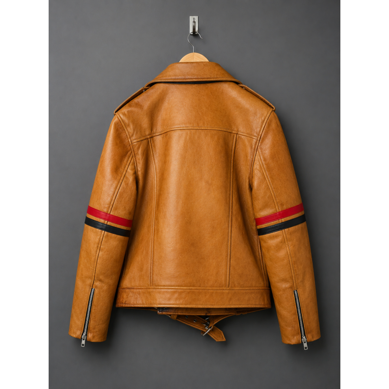Brown Striped Leather Biker Jacket