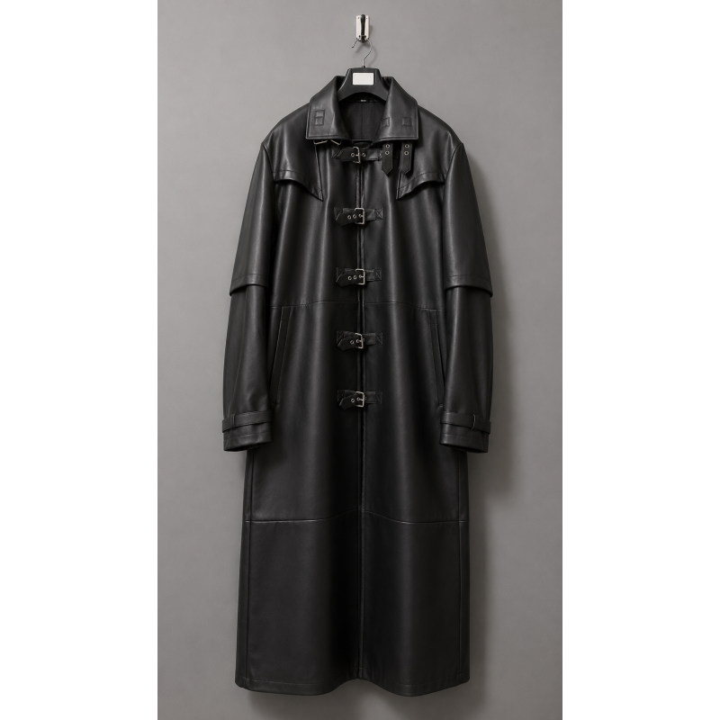 Long Gothic Black Leather Trench Coat
