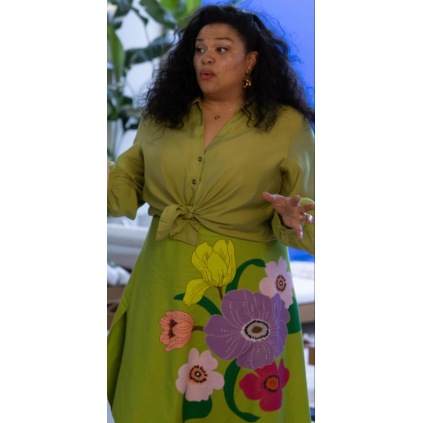 Michelle Buteau Spa Weekend Green Floral Skirt Set