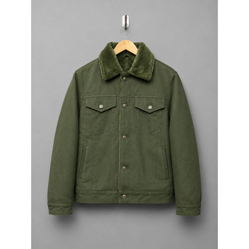 Olive Green Denim Shearling Jacket