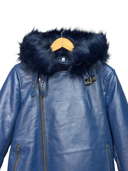 Blue Leather Aviator Shearling Jacket